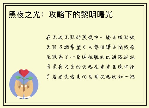 黑夜之光：攻略下的黎明曙光